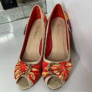 Restricted Hawaiian Floral Peep Toe Wedges